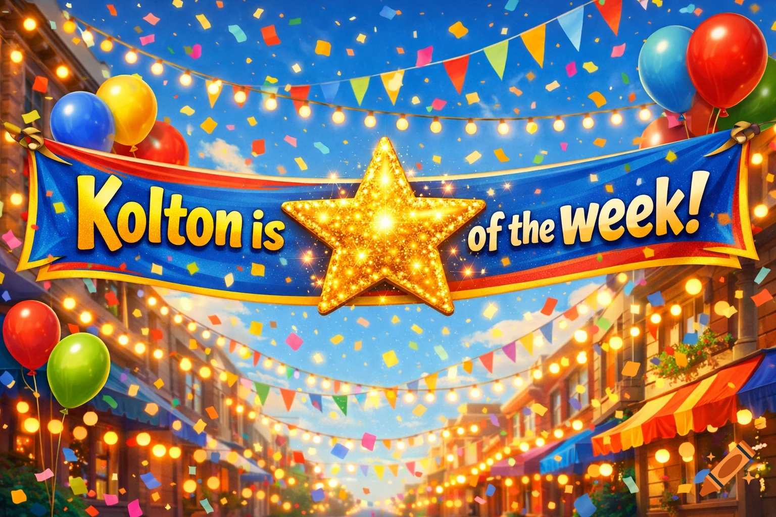 A festive street scene featuring a banner with the text "Kolton is" followed by a golden glittery star, then "of the week!". Confetti, balloons, and string lights adorn the scene.