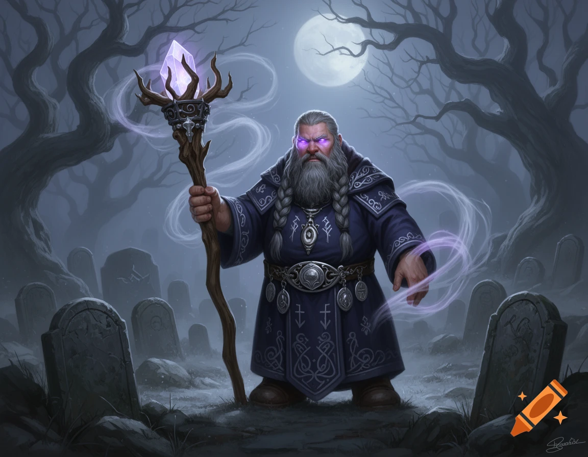 A bearded dwarf grave cleric with glowing purple eyes and a magical staff stands in a moonlit graveyard, casting spells.