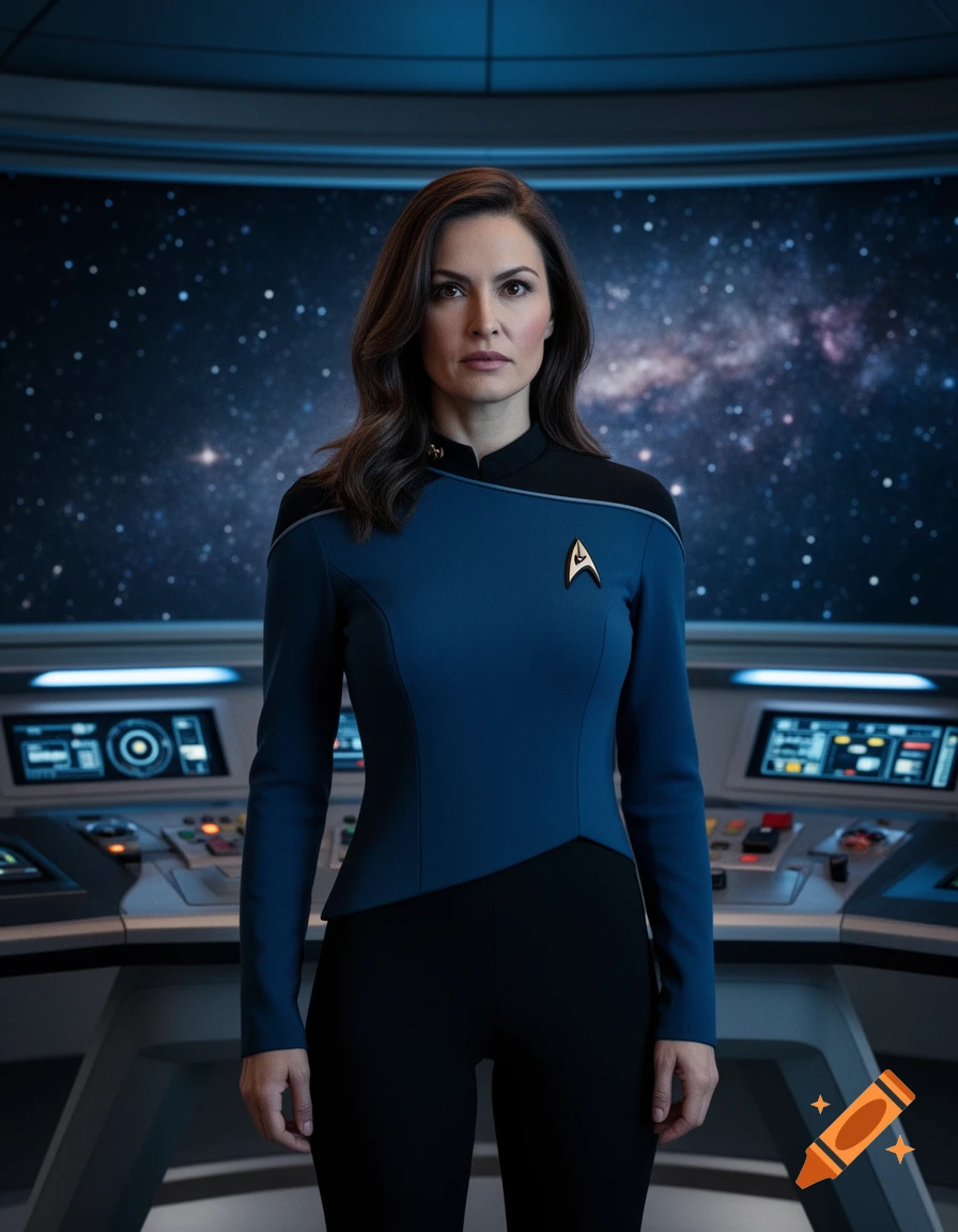 A photorealistic portrait of a woman in a blue Starfleet uniform standing on a spaceship bridge with a starry background.