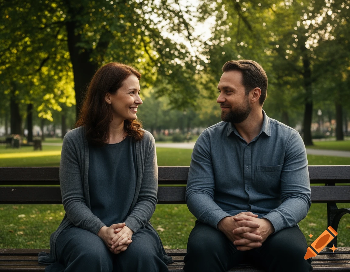 A man and woman sit on a park bench, smiling and looking at each other in a sunlit park.