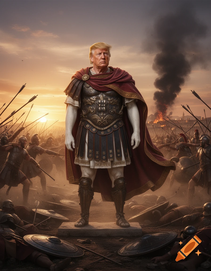 Donald Trump, dressed as a Roman general, stands on a battlefield with fallen soldiers and a burning city at sunset.