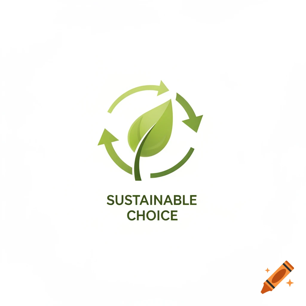 Green leaf within a recycling arrow symbol with the text 'SUSTAINABLE CHOICE' below.