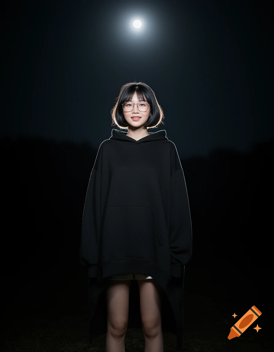 Young Asian woman with glasses and a black hoodie smiles while standing under a bright full moon at night.