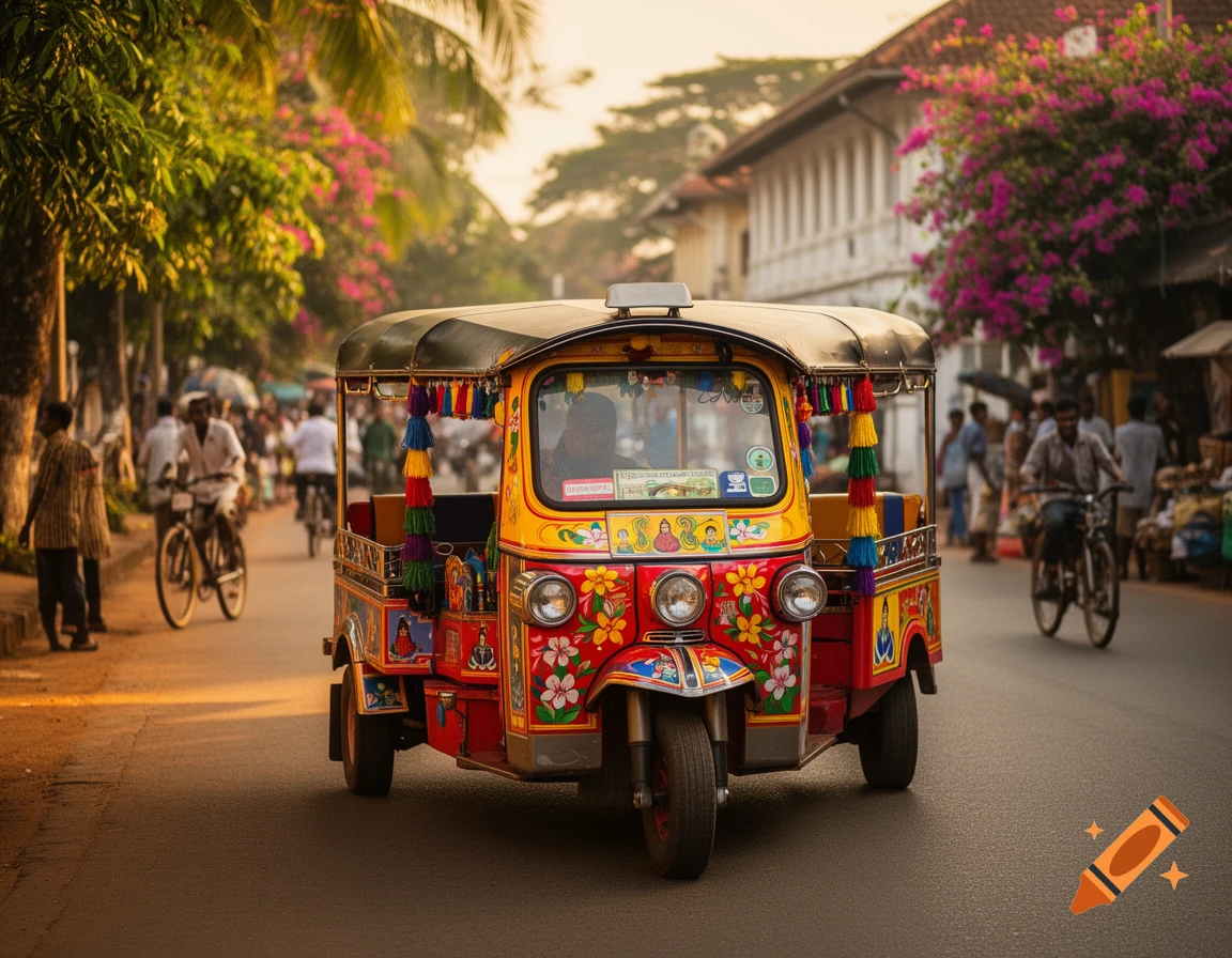 A vibrantly decorated red and yellow auto-rickshaw with floral patterns drives down a busy street lined with trees and buildings at sunset.