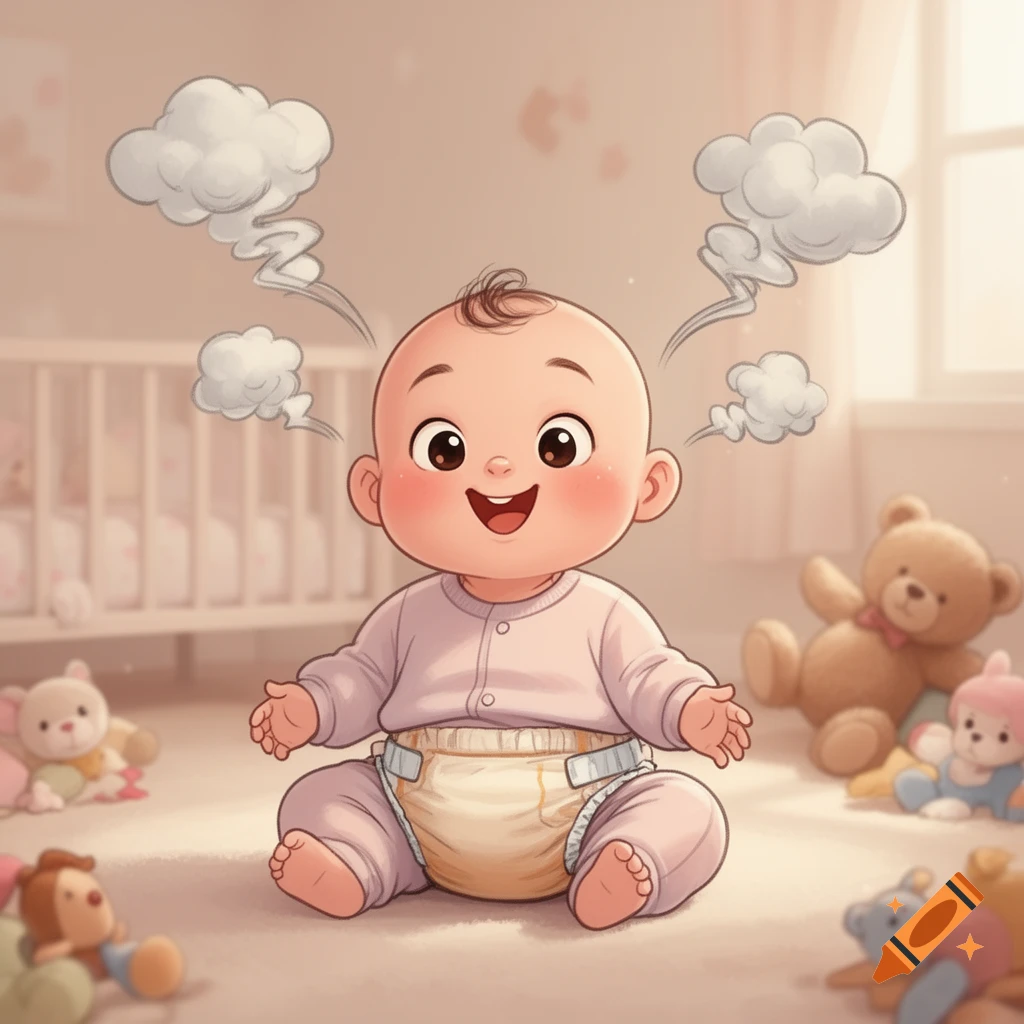 A happy cartoon baby in a diaper sits on the floor in a nursery, with cartoon smoke clouds above its head, surrounded by stuffed toys.