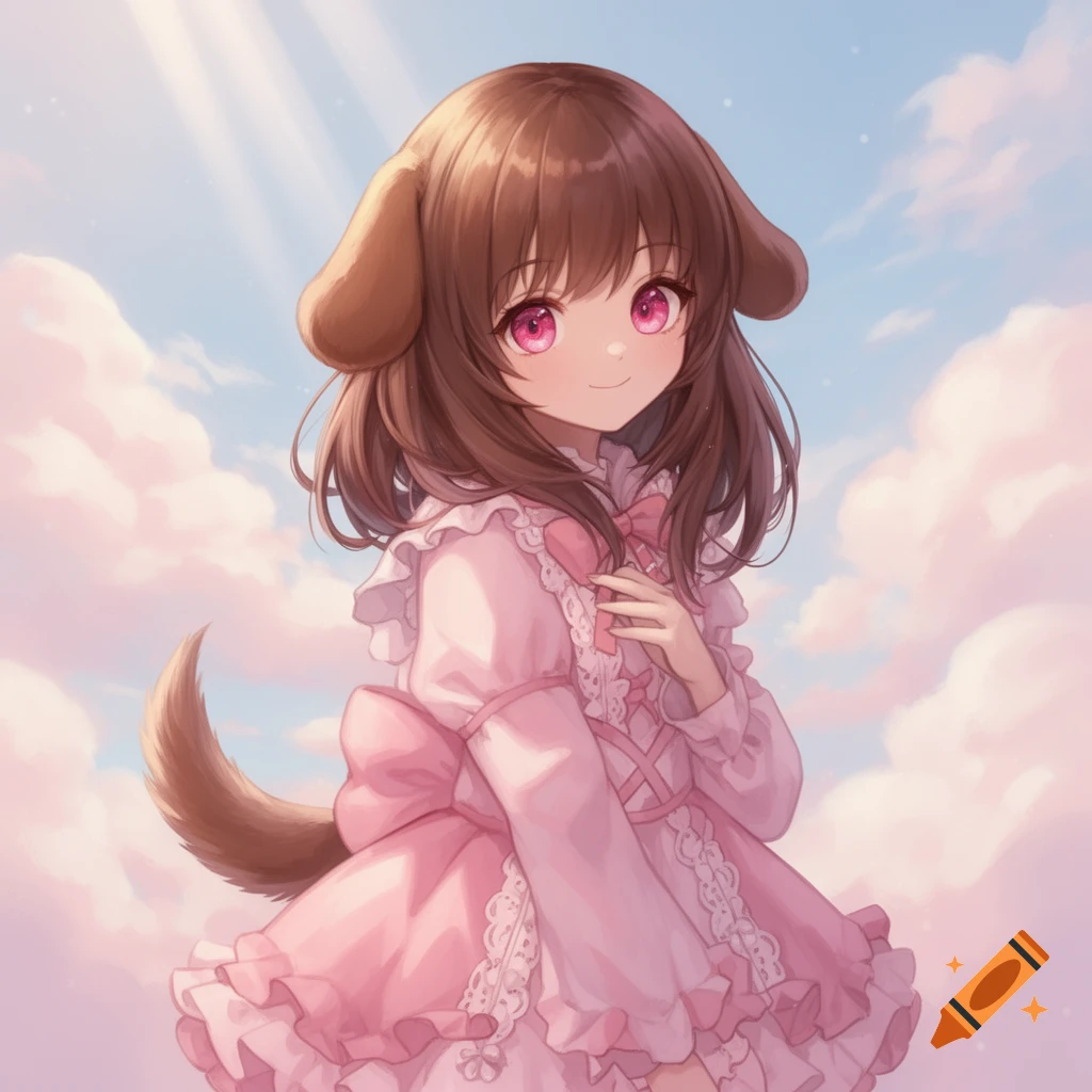Anime character with puppy ears and tail, brown hair, pink eyes, wearing a pink frilly dress, set against a cloudy sky.
