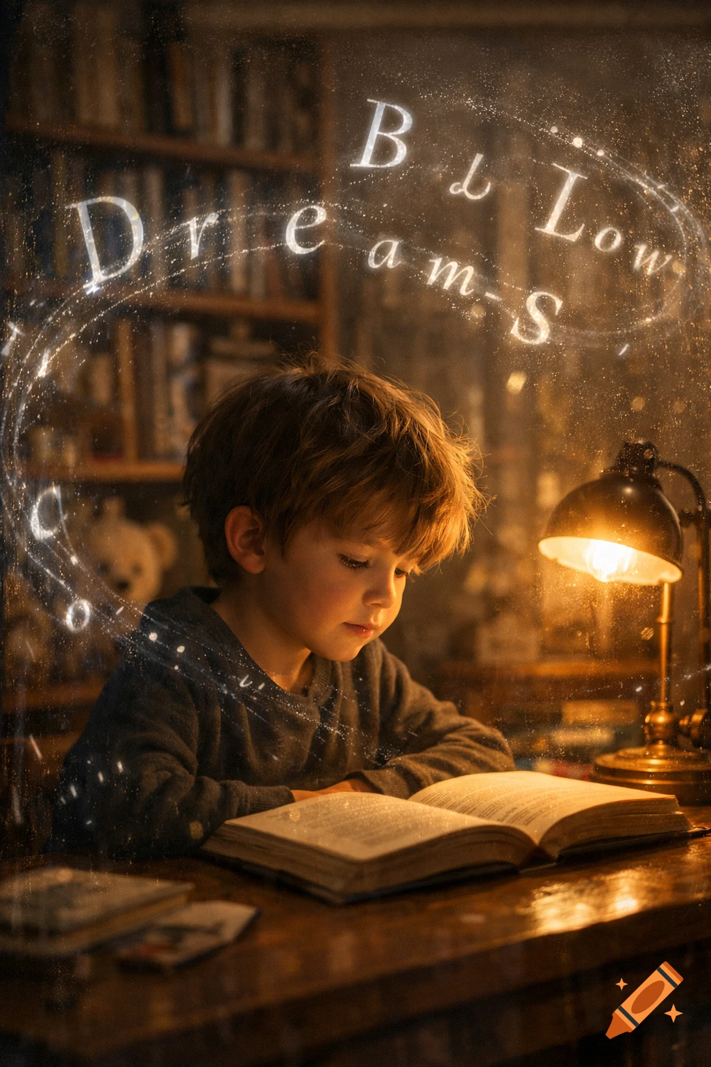 A young boy reads a book at a desk, illuminated by a lamp, as glowing letters float around him in a warm, magical scene.