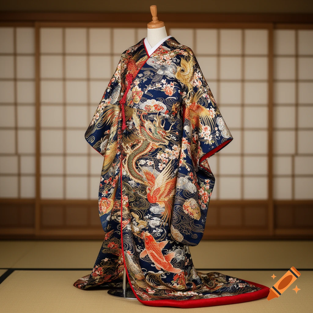 A dark blue kimono robe with intricate gold, orange, and red fantasy patterns of dragons, phoenixes, and koi on a mannequin in a Japanese room.