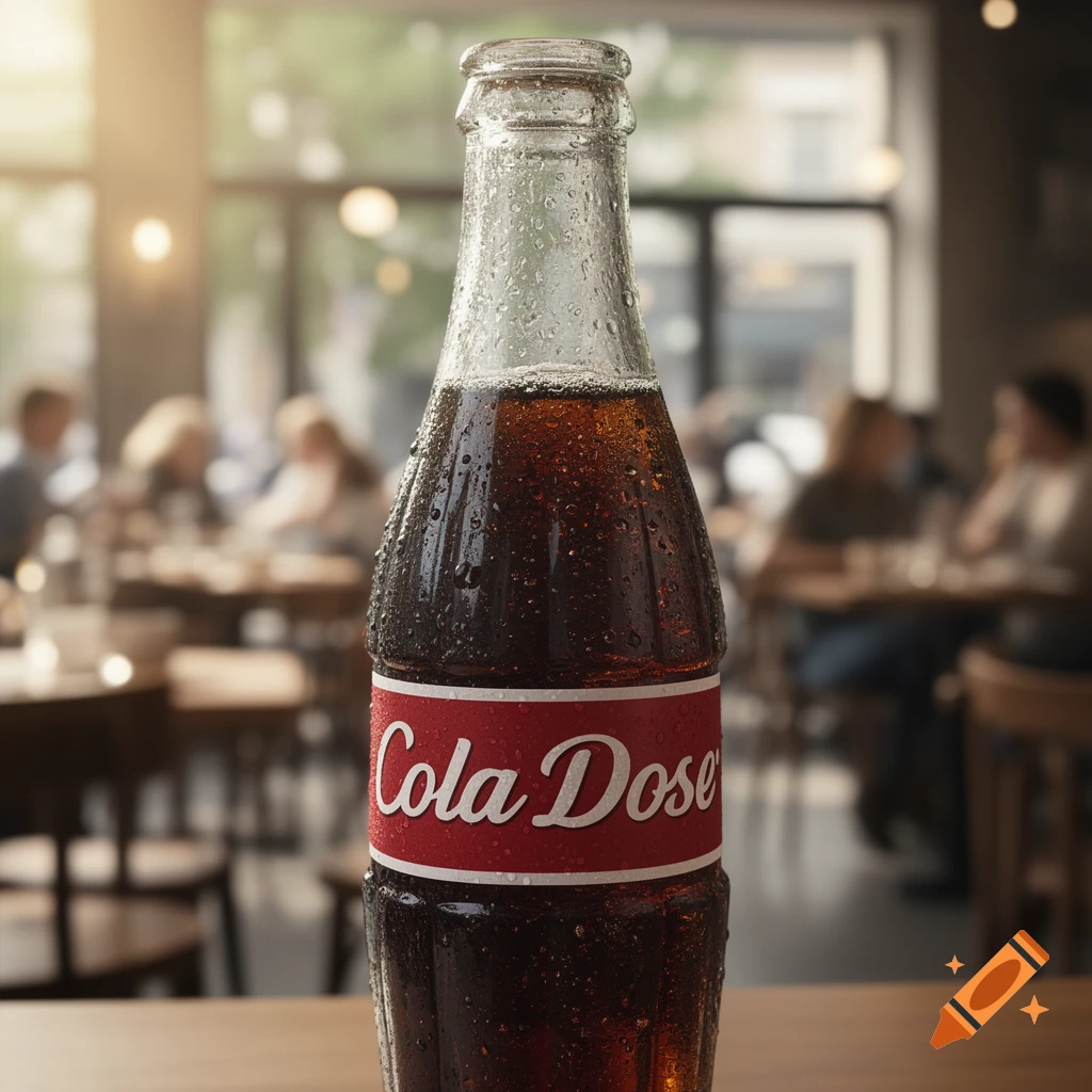 A cold, condensation-covered glass bottle of 'Cola Dose' soda sits on a wooden table in a blurred cafe background.