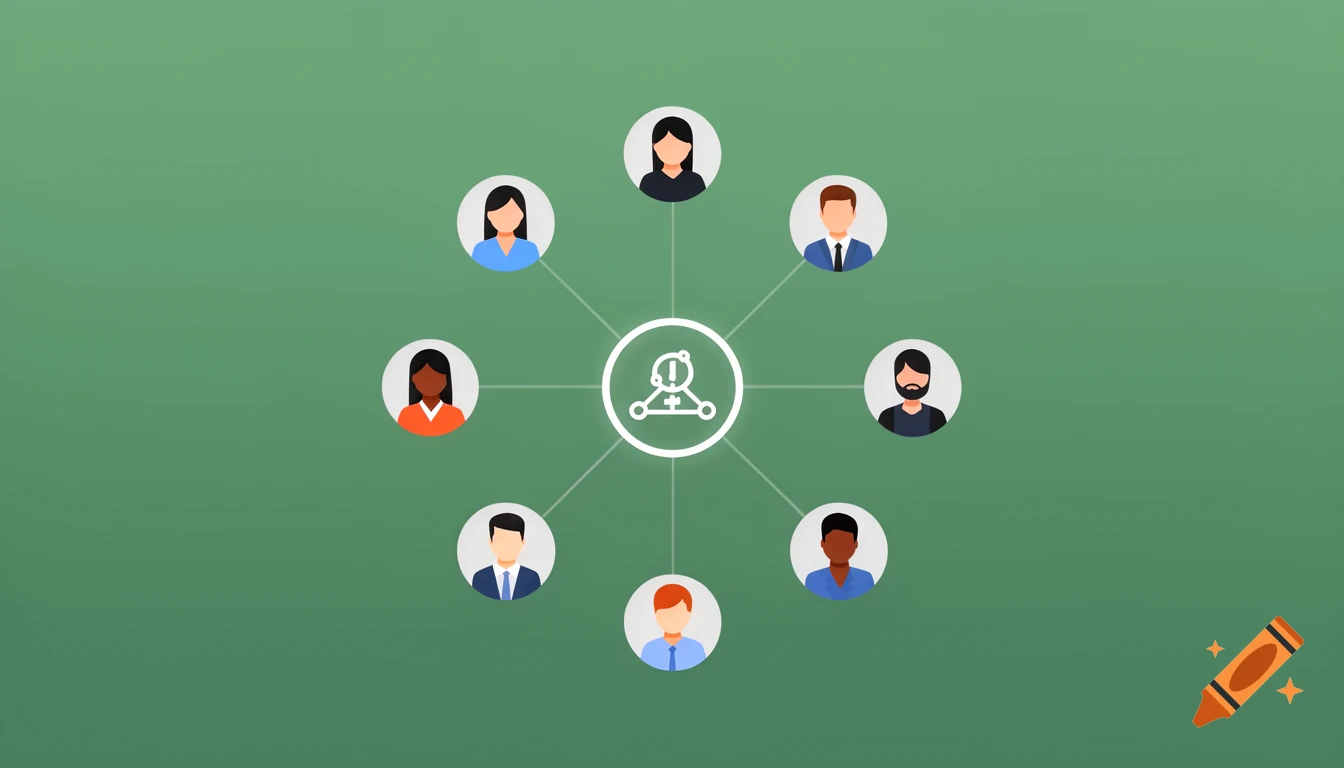 Flat vector illustration of eight diverse people avatars connected by lines to a central icon on a green gradient background.