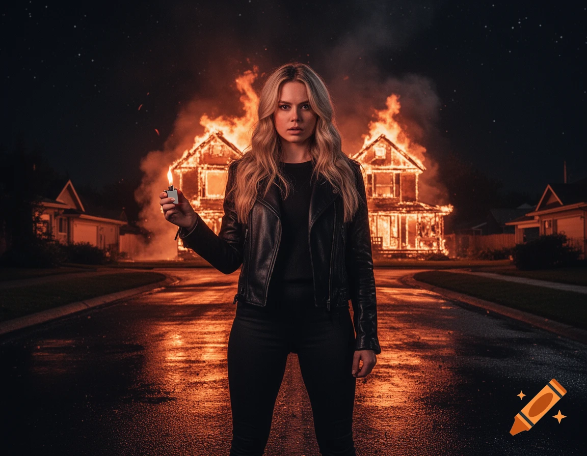 A photorealistic image of a woman standing in a wet road at night, holding a lit lighter, with a house burning behind her.