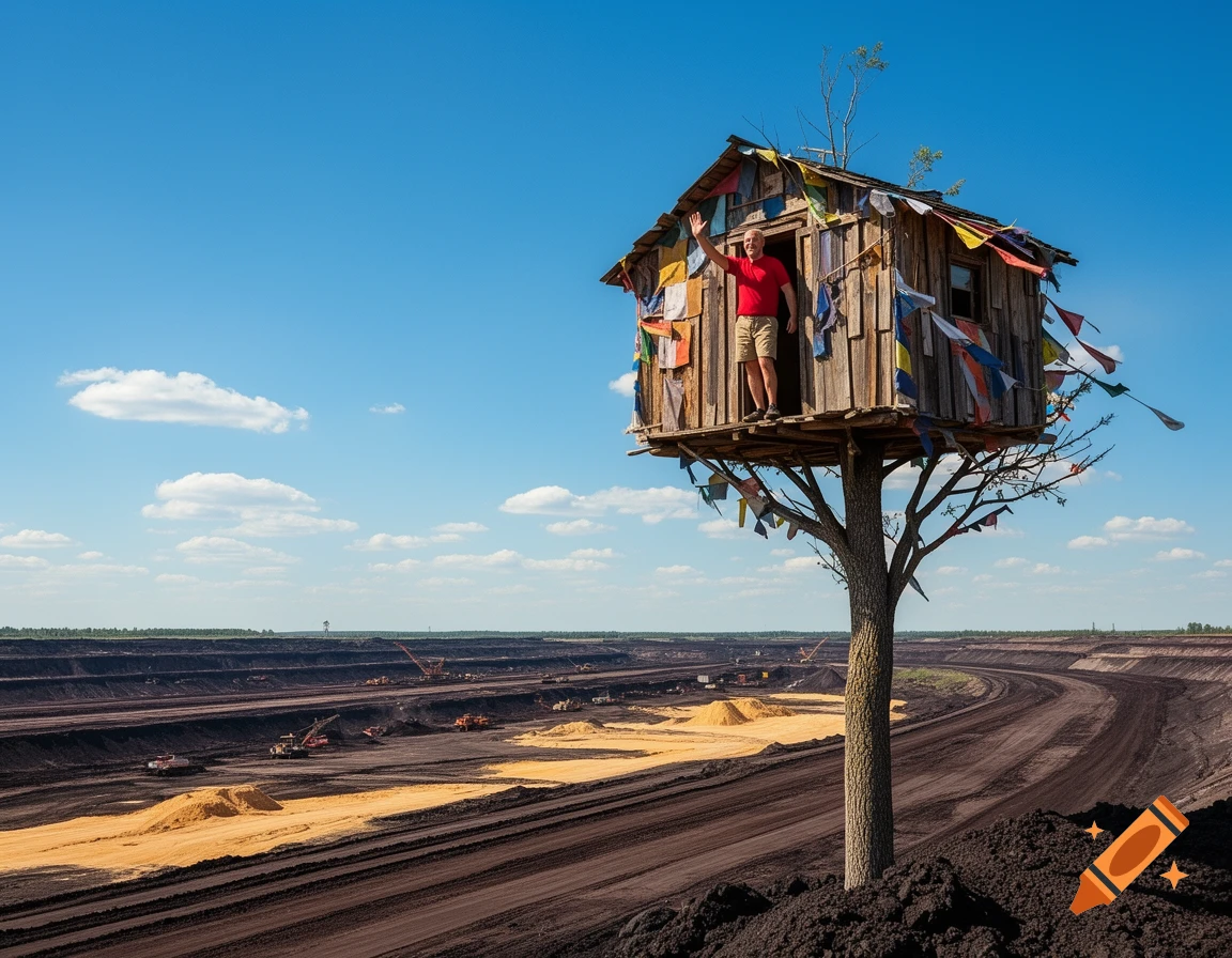 A man in a rustic treehouse waves while overlooking a vast open-pit lignite mine under a clear blue sky.