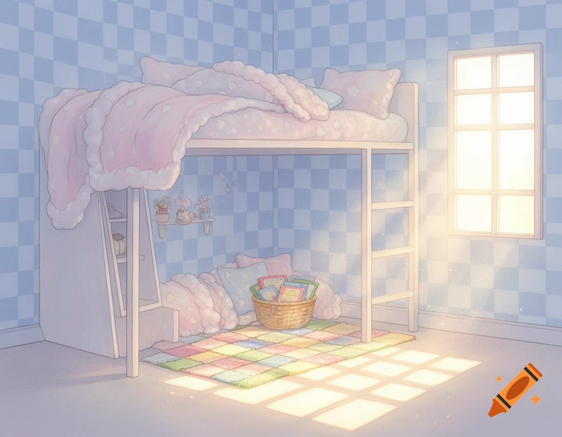 Anime-style child's room with a bunk bed, pink blanket, colorful rug, and sunlight streaming through a window onto blue checkered walls.