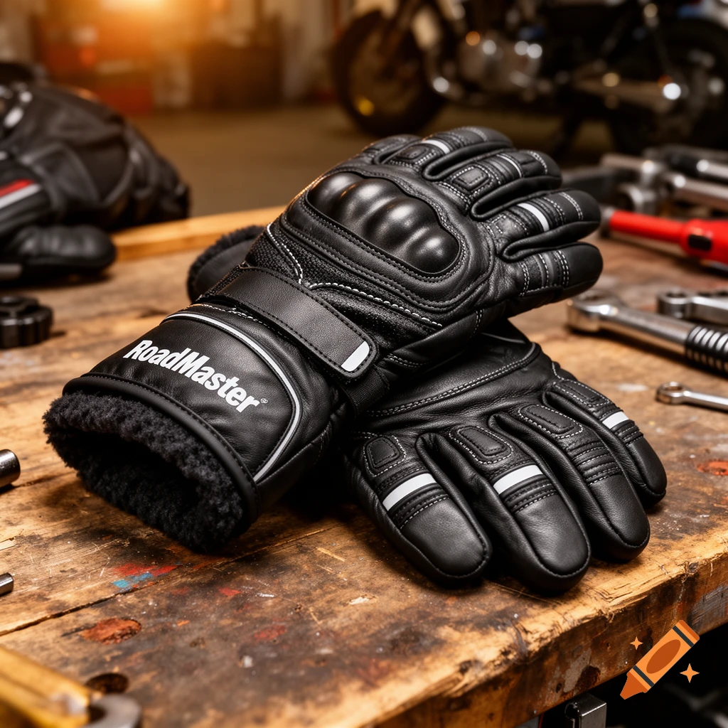 Pair of black RoadMaster motorcycle gloves with white accents on a rustic wooden workbench, with tools and a motorcycle in the background.
