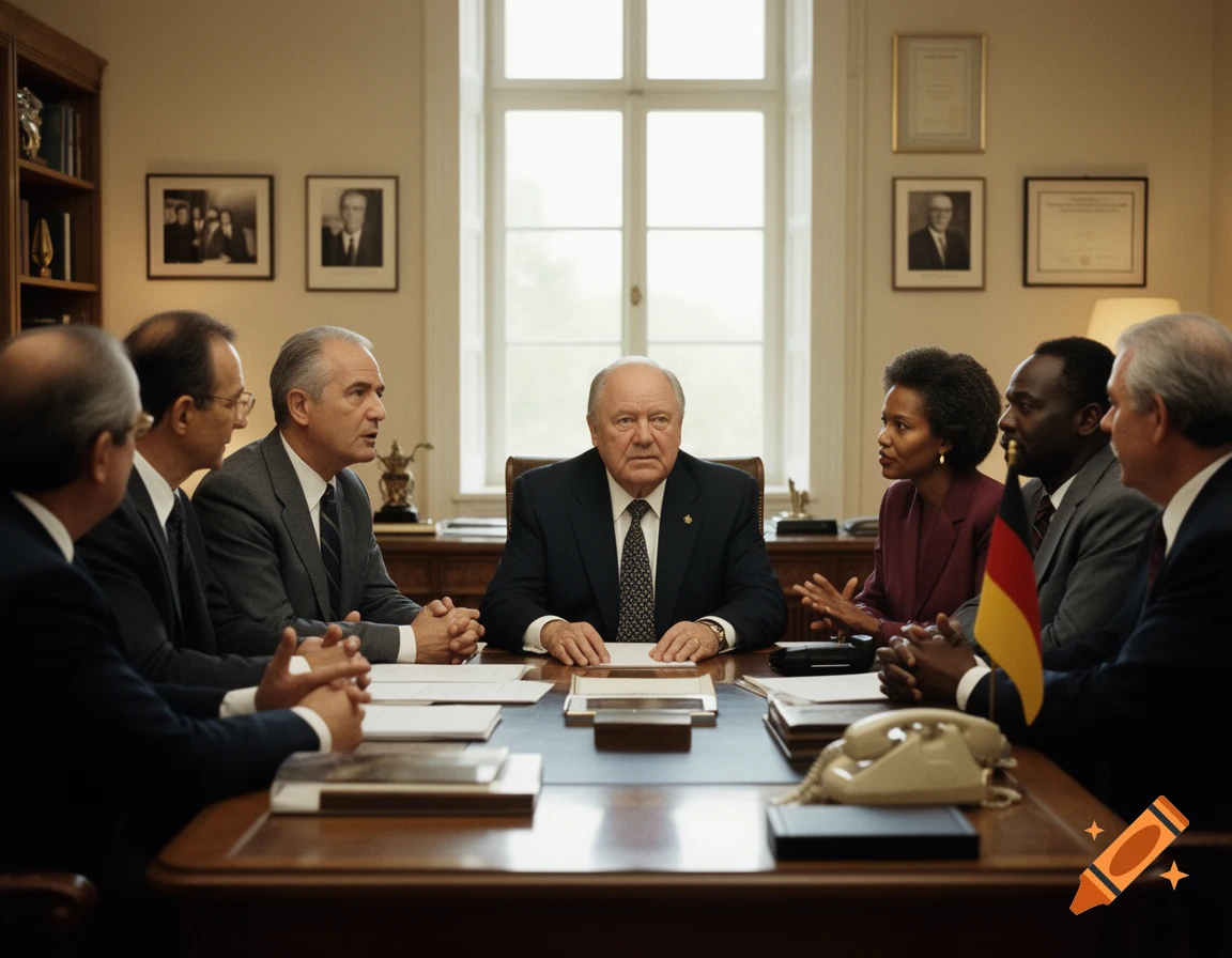 A photorealistic image of politicians and officials, including a man resembling Helmut Kohl, seated around a large table in a formal office setting.