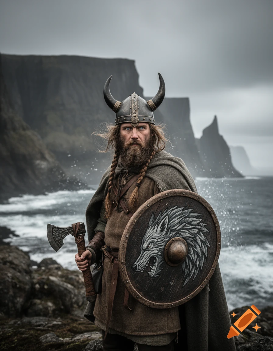 Photorealistic Viking warrior with horned helmet, beard, axe, and wolf shield stands by a stormy sea and cliffs.
