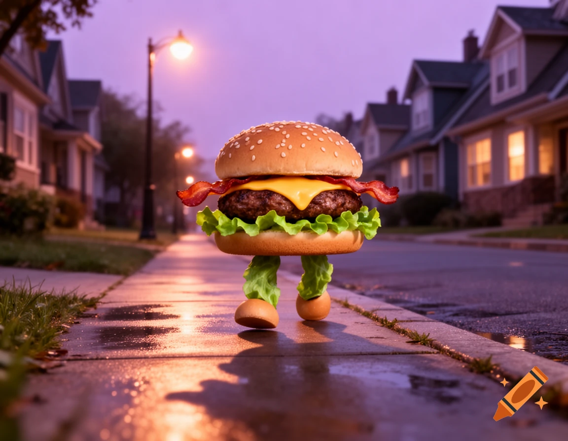 A photorealistic cheeseburger with lettuce legs and bun feet walks on a wet sidewalk in a suburban neighborhood at dusk.
