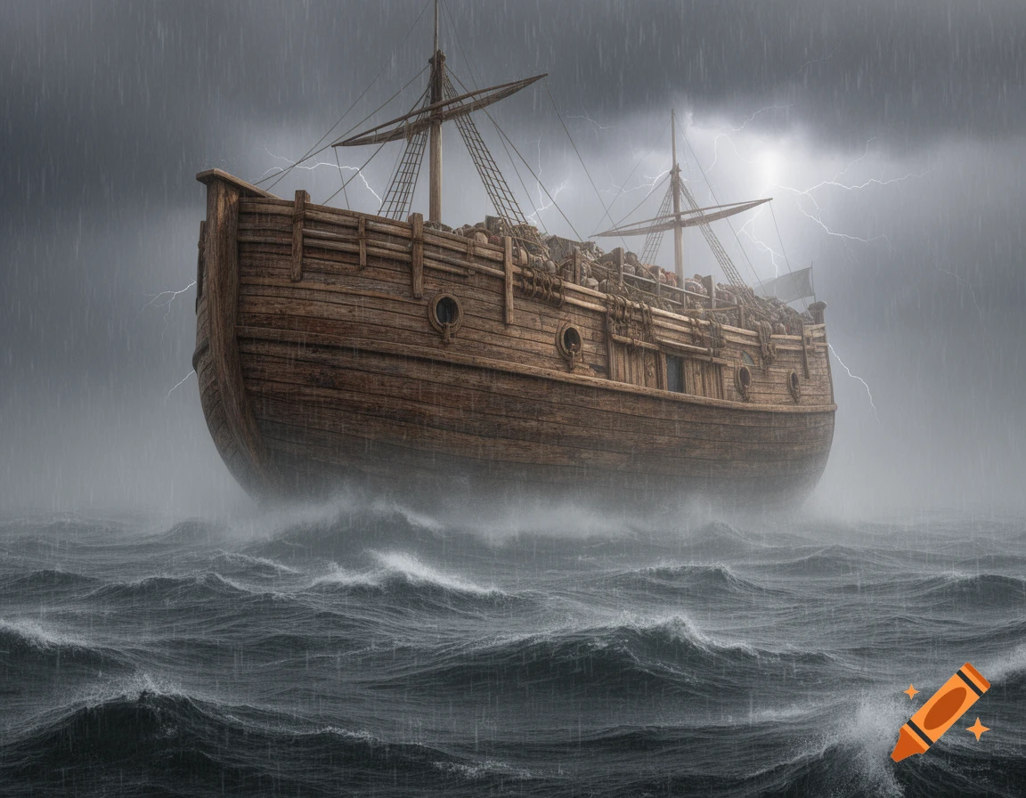 A large wooden ark floats on rough seas during a severe rainstorm with lightning flashing across the dark sky.