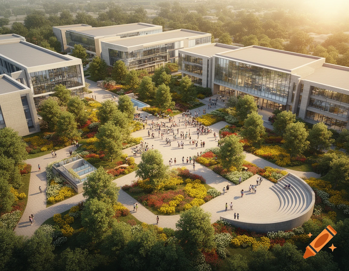 An aerial, photorealistic view of a modern university campus featuring several buildings, lush green spaces, colorful flowerbeds, and groups of people walking.