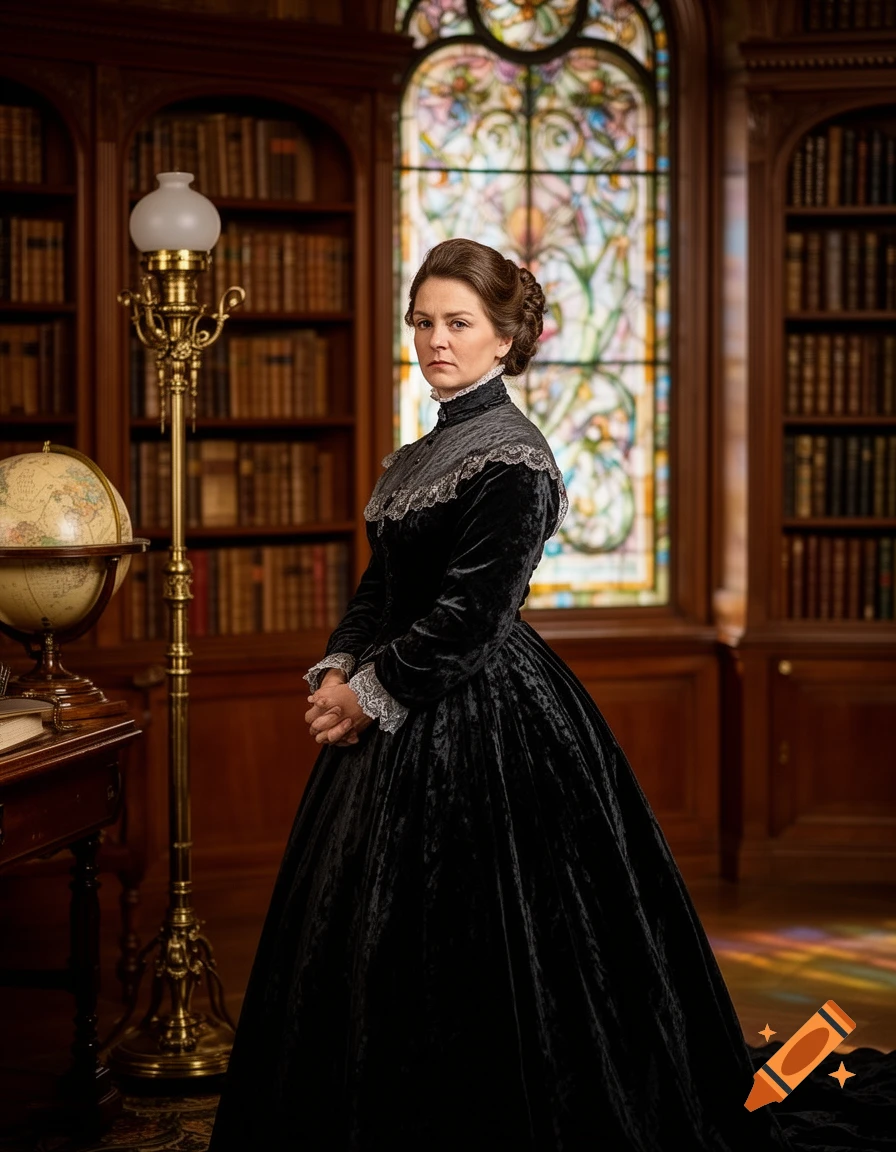 A woman in a dark Victorian dress with lace trim stands in a lavish library with a stained-glass window behind her.