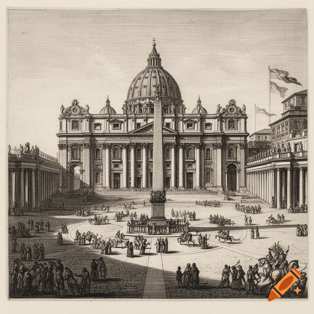 An antique etching depicts the grand facade of St. Peter's Basilica with a tall obelisk in the busy, open square filled with tiny people and horse-drawn carriages.