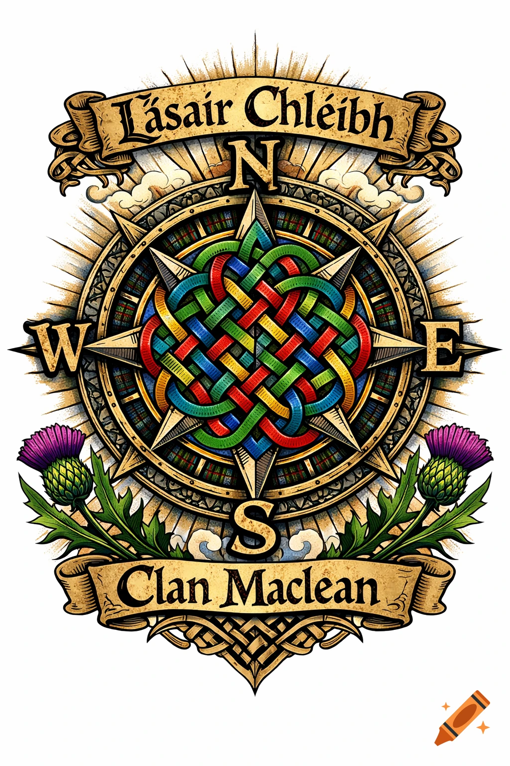 Detailed Celtic compass rose emblem with colorful knotwork, 'Lásair Chléibh' and 'Clan Maclean' text, and thistles.