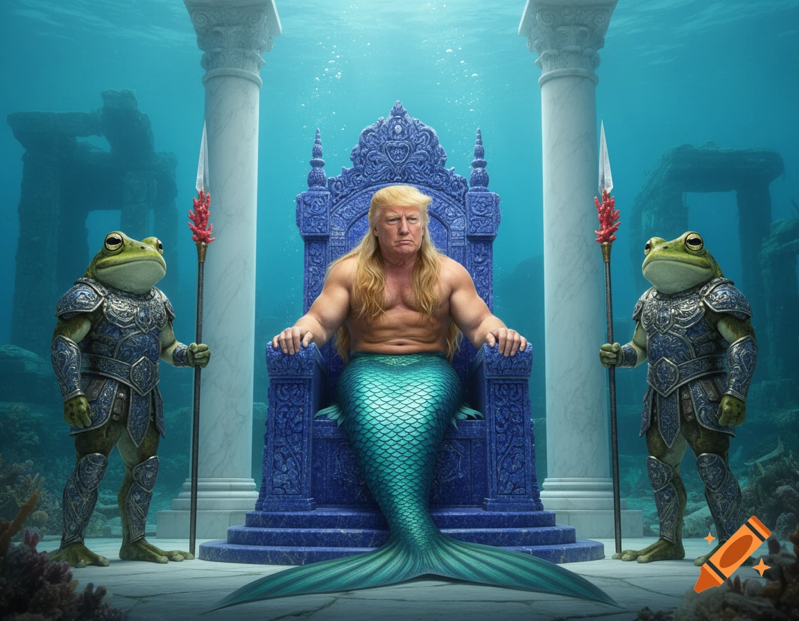 Donald Trump as a shirtless merman on a blue throne underwater, guarded by two armored frogs with spears in a photorealistic style.