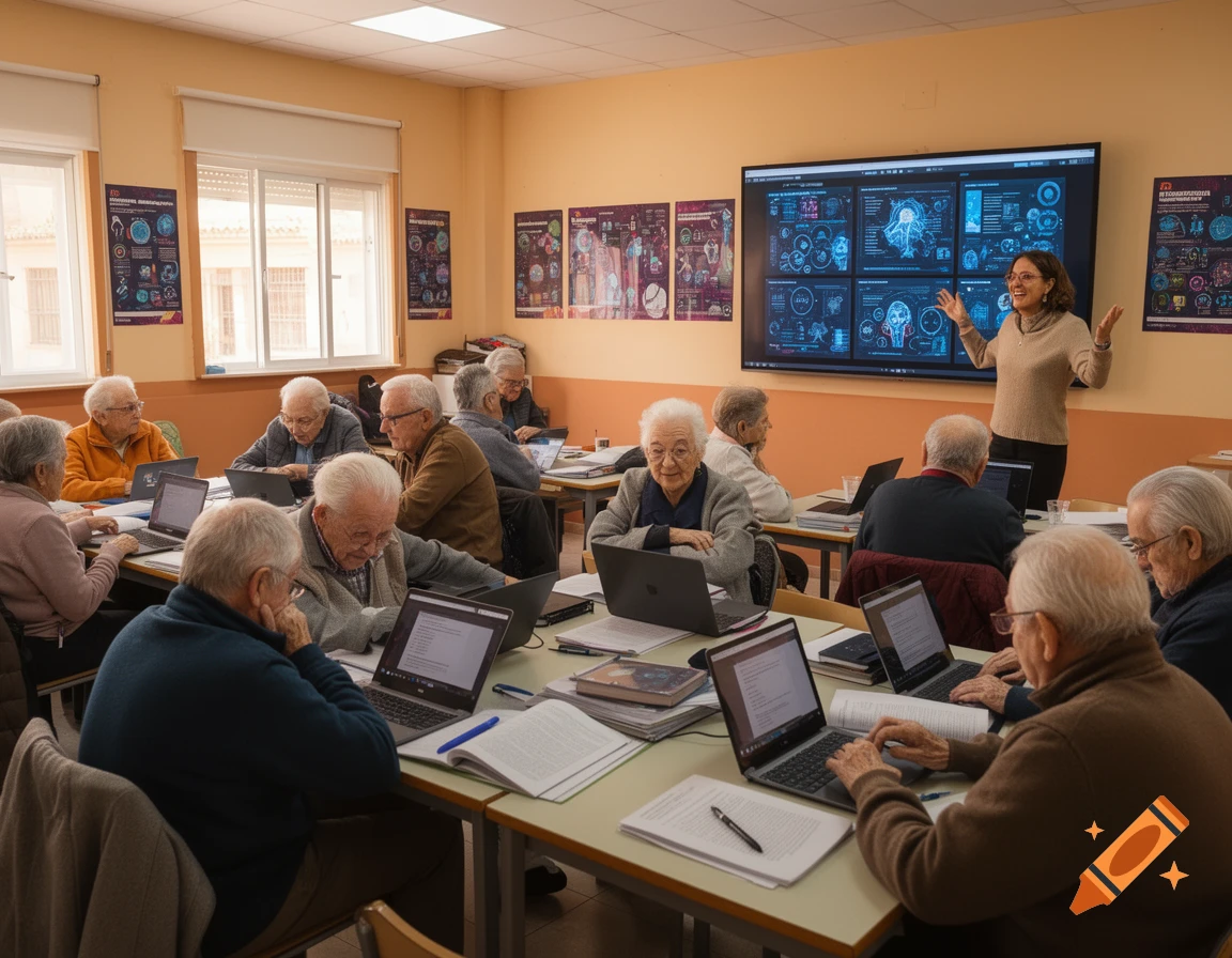 A female teacher gestures at a large screen displaying technical diagrams, while a classroom full of elderly students work on laptops.