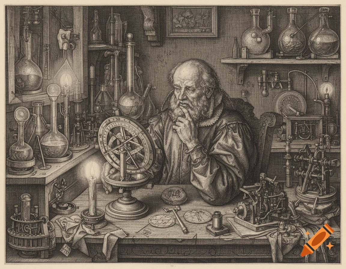 A bearded renaissance astrologer, in a Dürer-style etching, studies an astrolabe at a table full of scientific instruments.