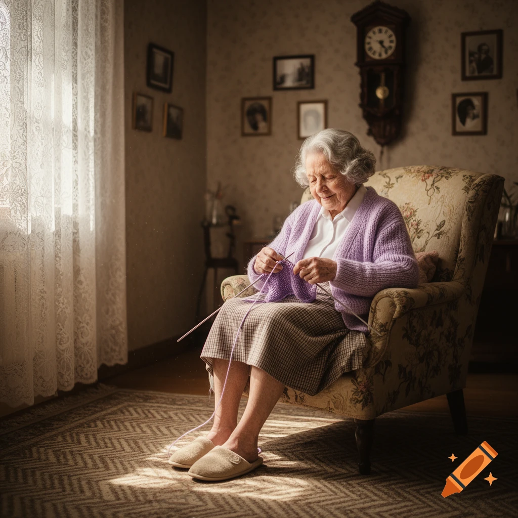 An elderly woman with white hair sits in a patterned armchair, smiling while knitting with purple yarn in a warmly lit room.
