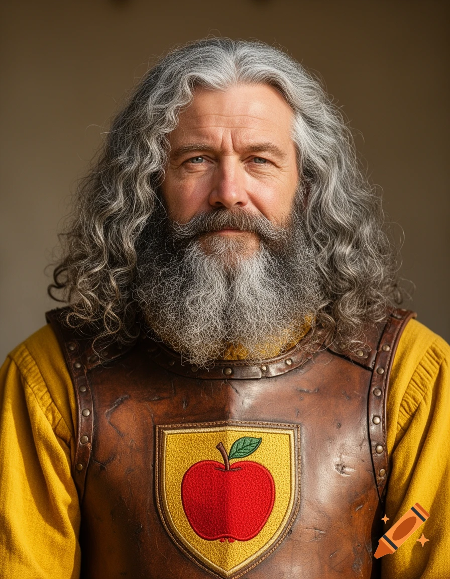A photorealistic portrait of a man with long, curly grey hair and a bushy beard, wearing a yellow tunic and a leather jerkin with a red apple on a gold shield emblem.