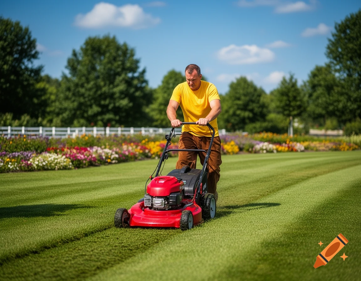 A man in a yellow shirt and brown pants pushes a red lawnmower across a lush green lawn with colorful flowers and trees in the background.