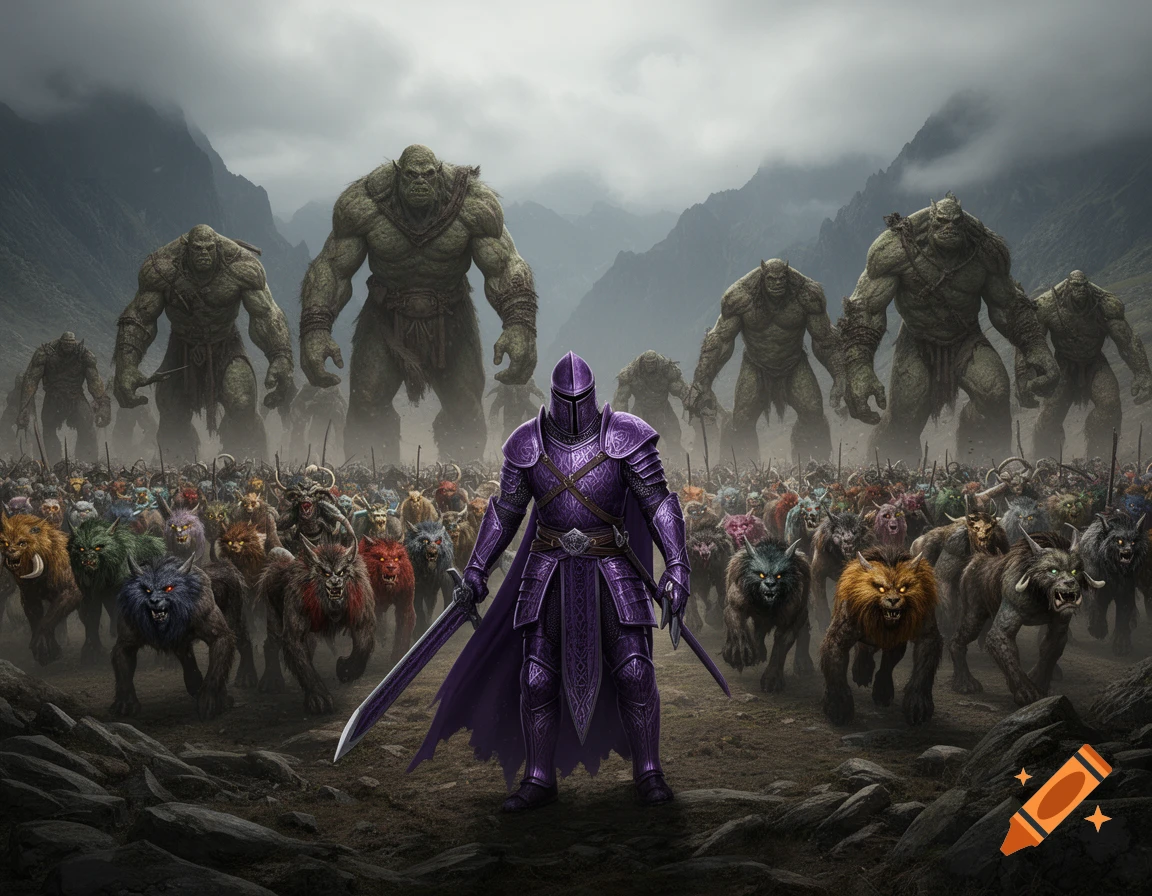 Violet-armored knight leads an army of beastmen and giant trolls across a rugged, mountainous battlefield under a cloudy sky.