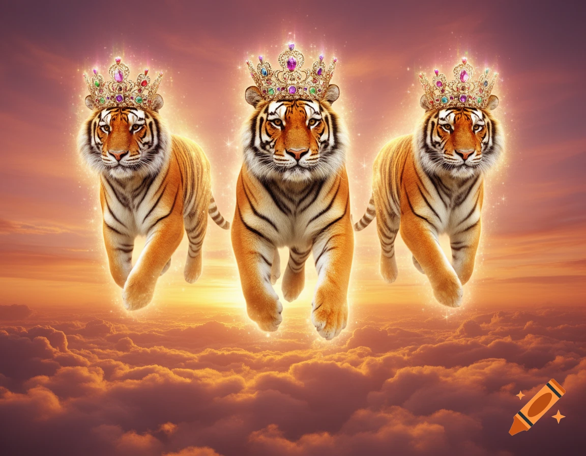 Three majestic tigers wearing jeweled crowns float above sunset-lit clouds, surrounded by a golden aura.