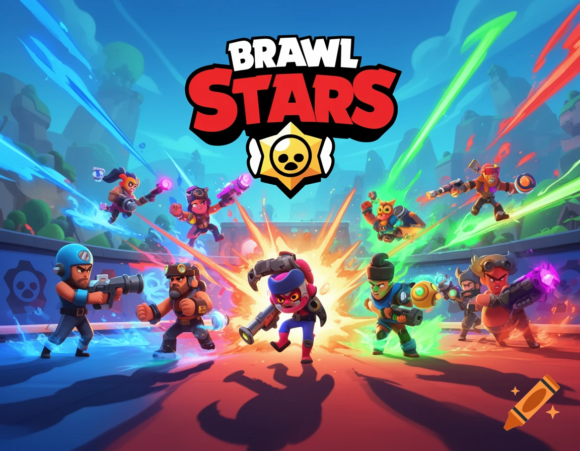 A vibrant cartoon style illustration with the "Brawl Stars" logo, featuring multiple characters battling in a colorful arena.