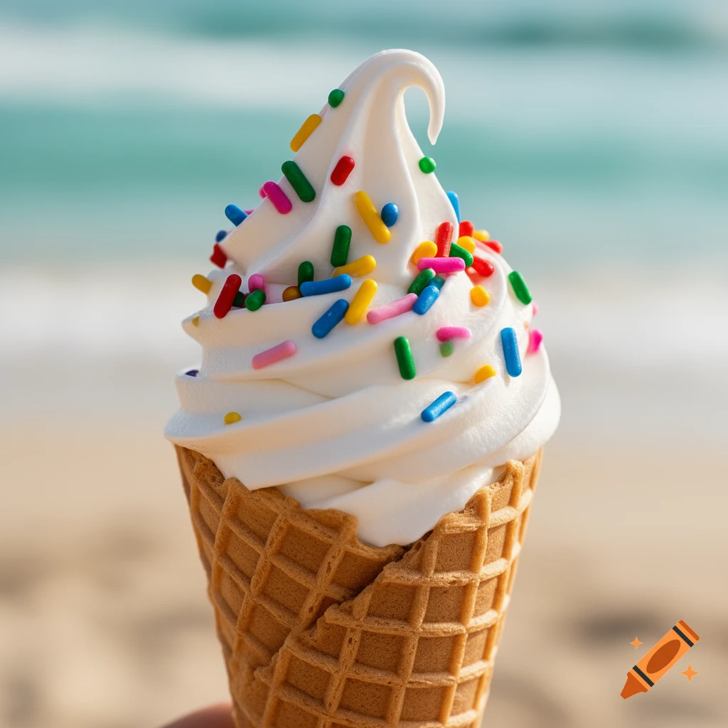 Vanilla soft-serve ice cream cone with colorful rainbow sprinkles on a beach background.