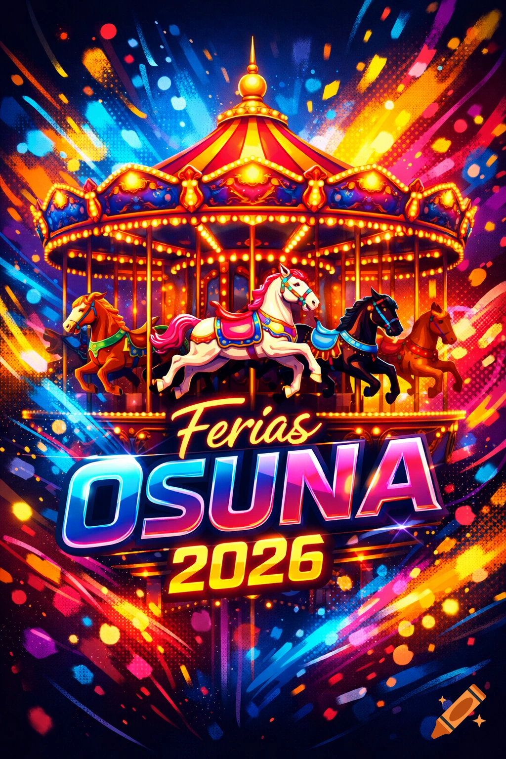 Vibrant, colorful illustration of a carousel at a fair with text 'Ferias OSUNA 2026' against a dark, glowing background.