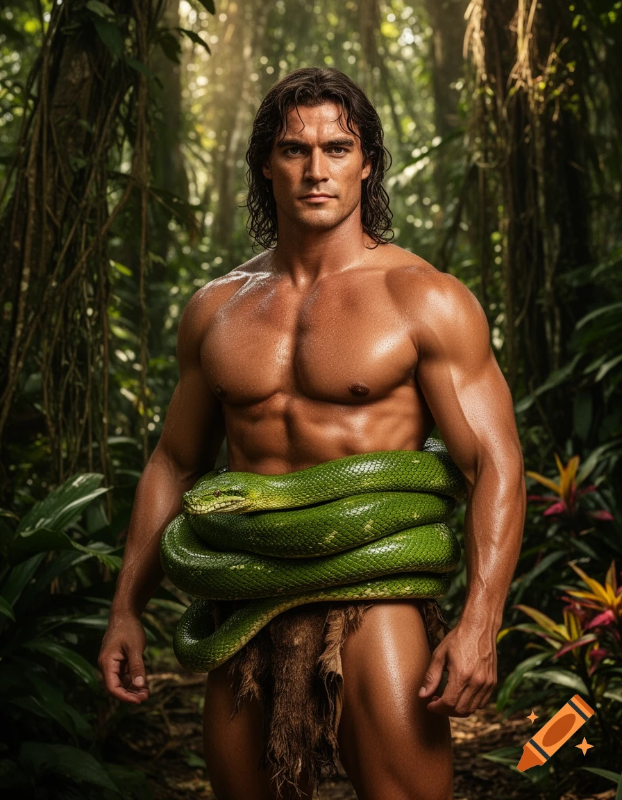 Photorealistic muscular man with long hair and a loincloth in a jungle, a large green snake wrapped around his waist.