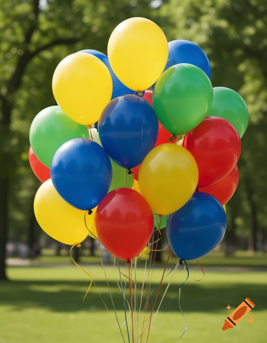 A vibrant bunch of red, yellow, green, and blue balloons floats outdoors in a sunny park with trees and grass.