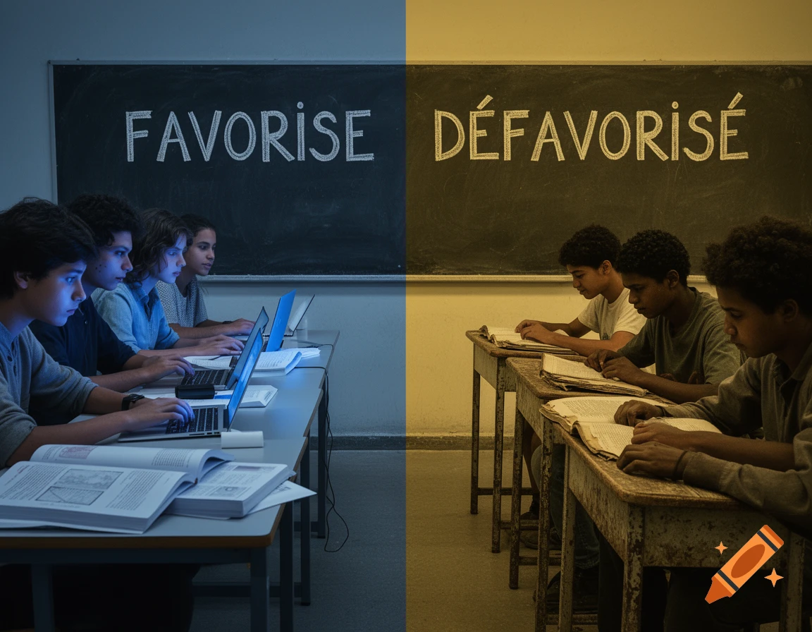 A classroom split into two parts by lighting: on the left, students use laptops in a modern, blue-lit section under the word FAVORISE; on the right, students read books at old desks in a dim, yellow-lit section under the word D FAVORIS .
