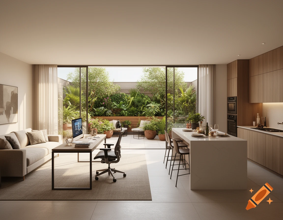 A modern open-plan living room with a home office desk, a white kitchen island, and large glass doors opening to a lush garden patio.