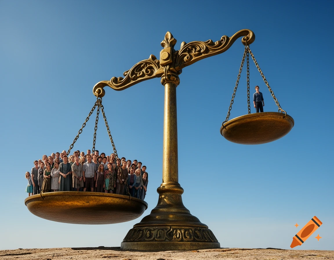A large golden scale shows a large crowd of people outweighing a single person on the other side, against a clear blue sky.