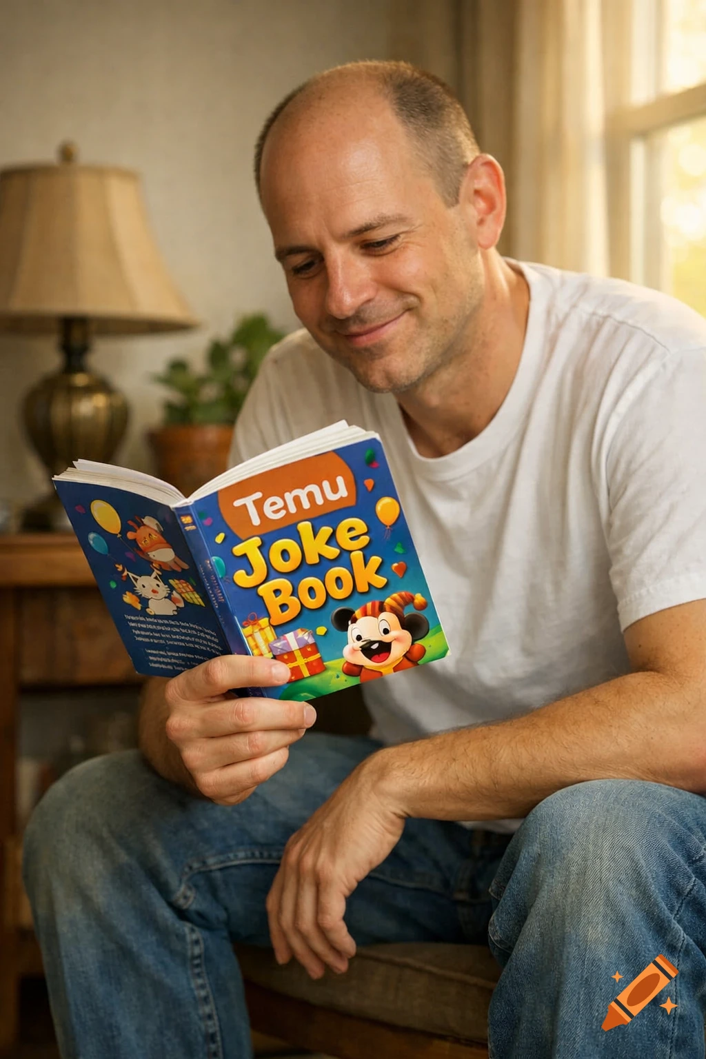 A man smiles while reading a colorful 'Temu Joke Book' with cartoon characters, sitting indoors.