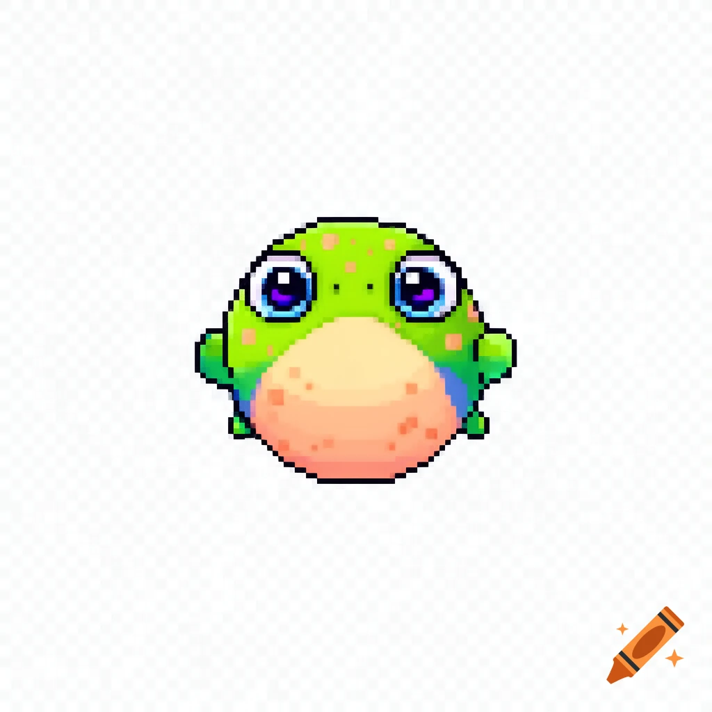 A cute, round green pixel art tadpole with big shiny purple eyes and an orange belly, viewed from above, on a transparent background.