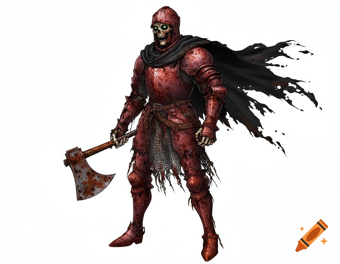 An undead skeletal knight in rusty red plate armor, torn black cape, and glowing green eyes, holding a large rusty axe.