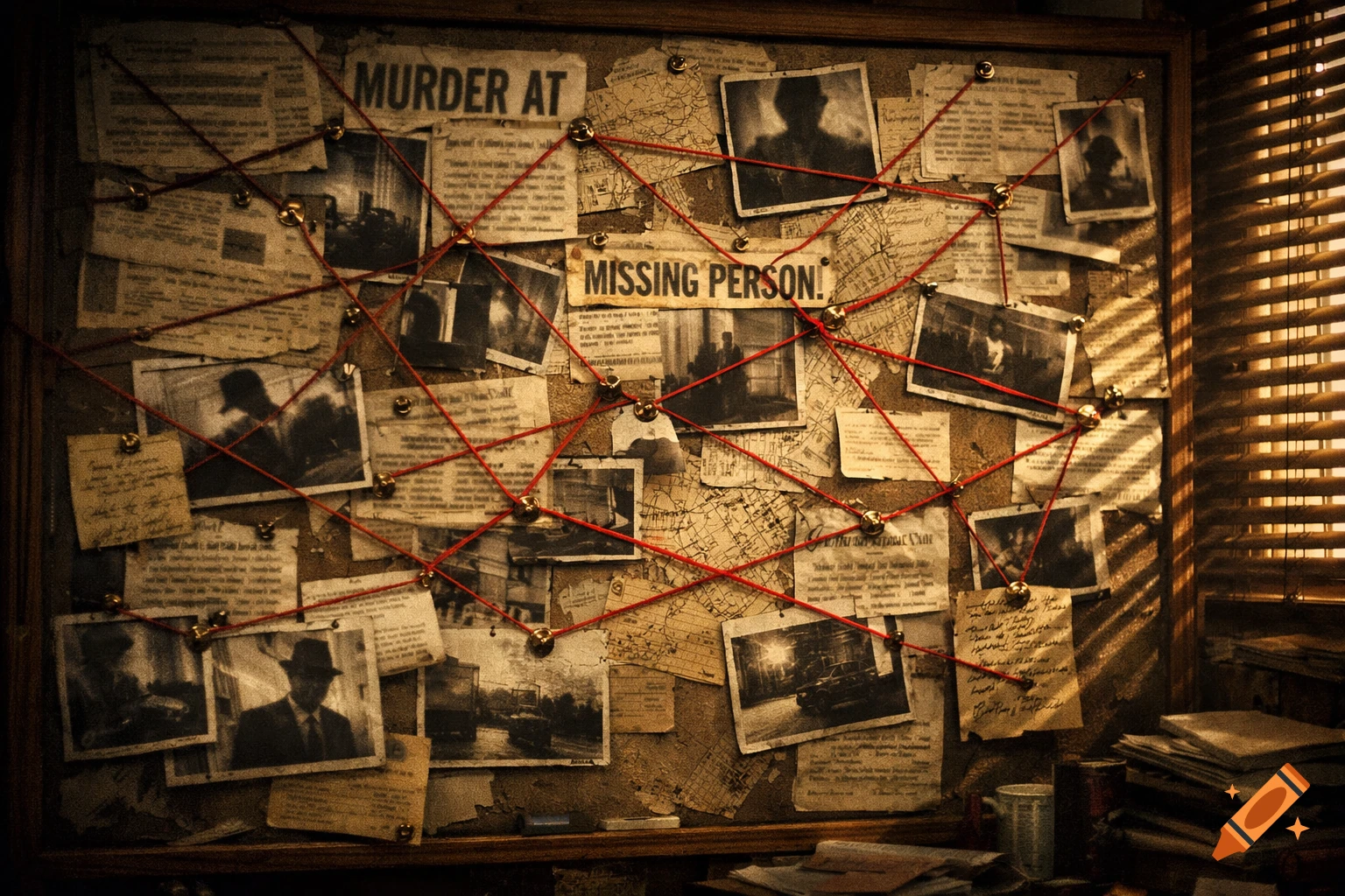 Illustrated evidence board with newspaper clippings, maps, and old photos connected by red strings and pushpins. Warm light through window blinds.