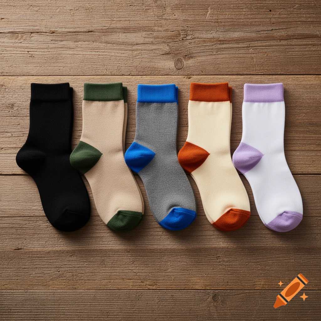 Five colorful socks with contrasting toes and cuffs, including black, beige, gray, cream, and white, laid on a wooden surface.