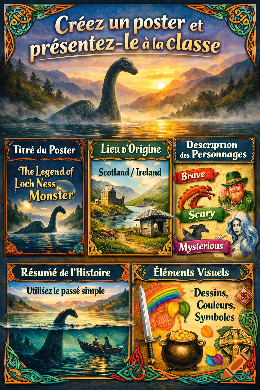 A colorful poster for a school project about the Legend of the Loch Ness Monster, featuring Nessie in a lake at sunset, a castle, and various descriptive elements.