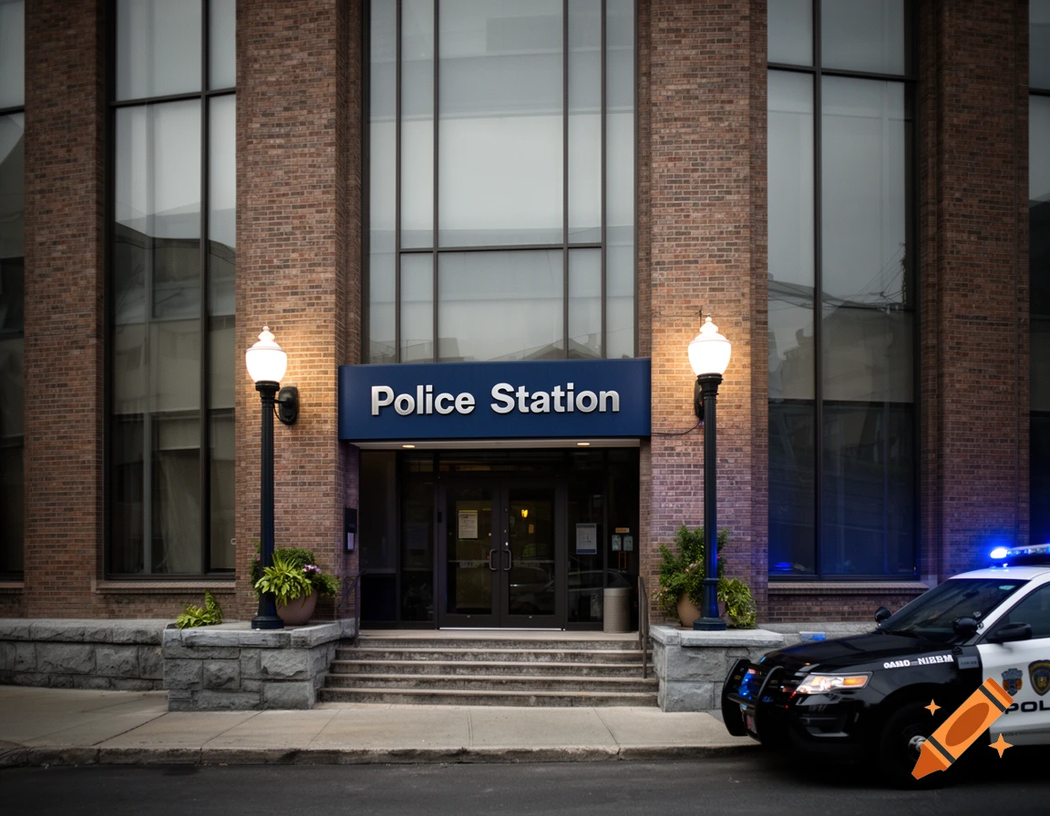 Photorealistic image of a police station building with a police car parked outside, its blue lights slightly flashing.