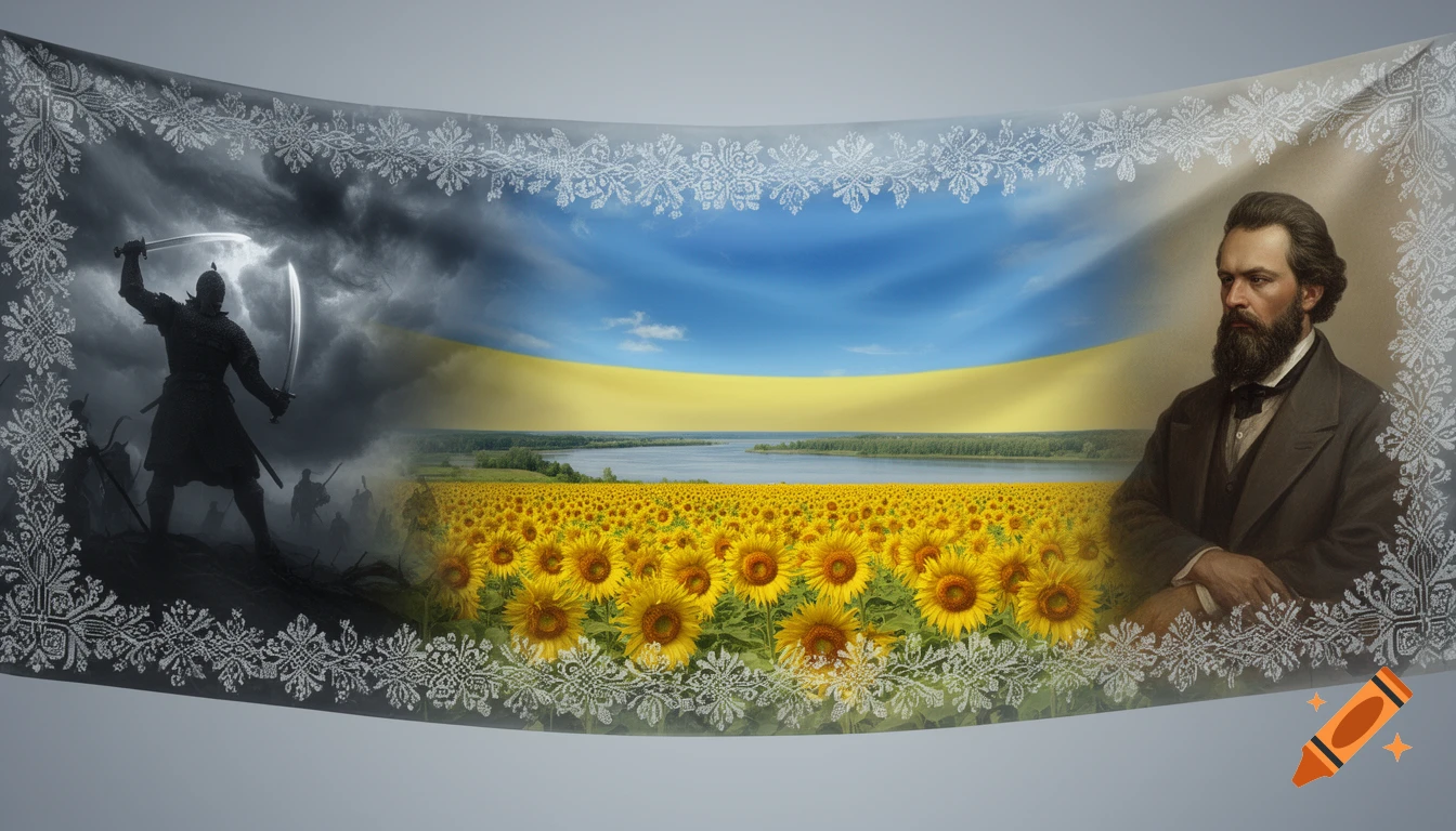 A digital art banner of Ukraine, featuring a Cossack warrior, poet Taras Shevchenko, sunflower fields, and Vyshyvanka patterns.